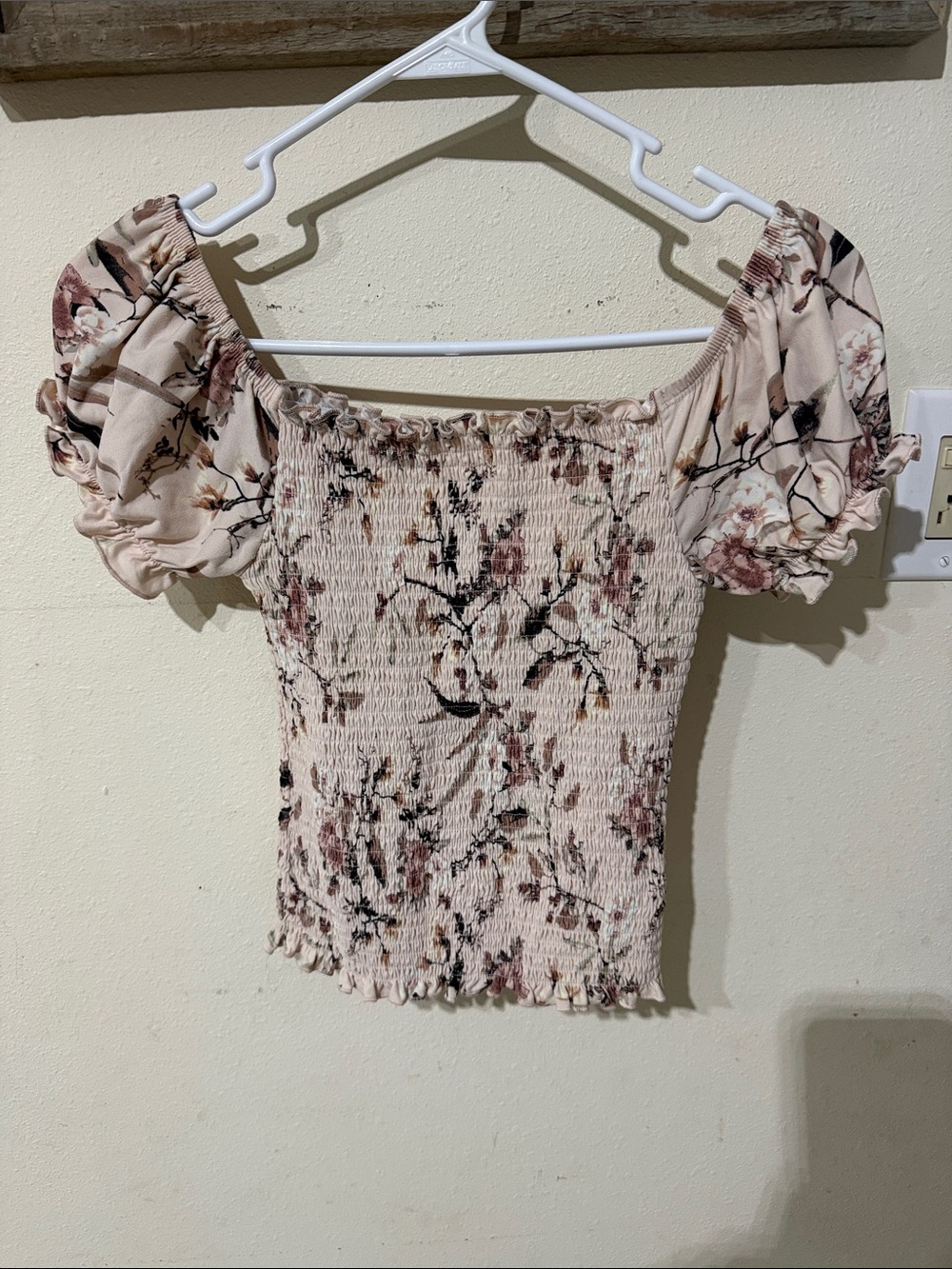 Floral Smocked Puff Sleeve Off Shoulder Crop Top — Blush Cream